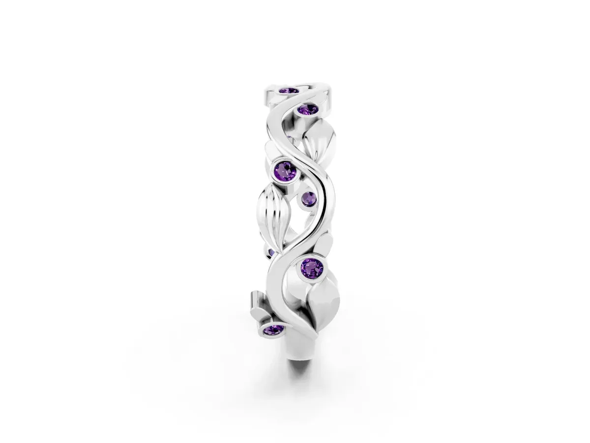 Round Amethyst Leaf Eternity Band with Bezel Setting White gold
