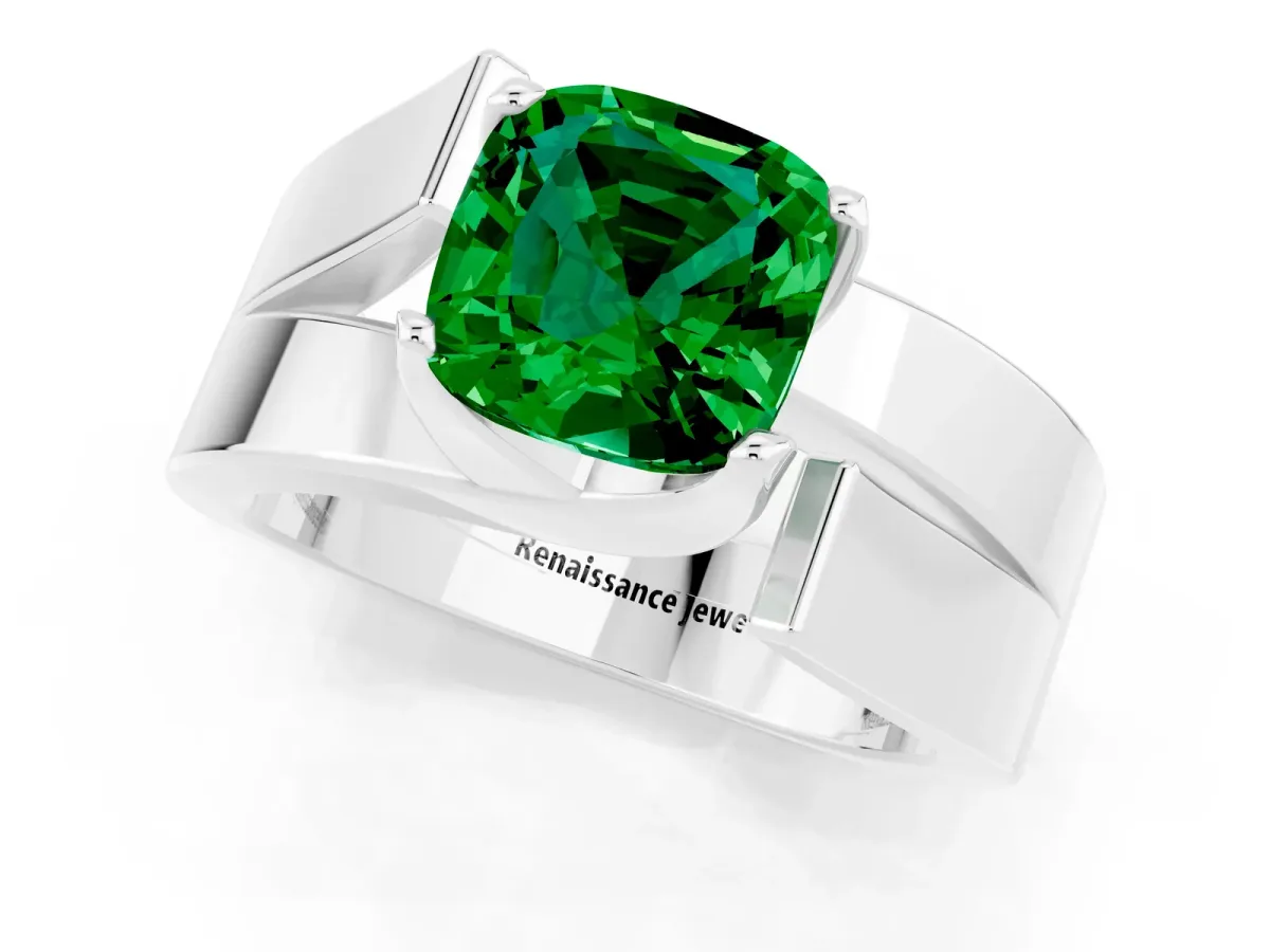 Modern Tension Set Cushion Cut Emerald Solitaire Wide Band Ring Silver