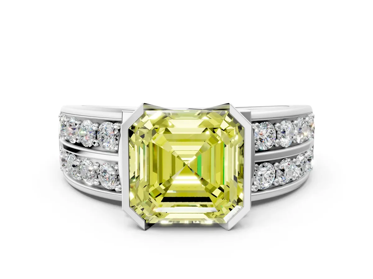 Fancy Yellow Asscher Cut Brilliant Diamond Channel Set Wide Band Ring with Bezel Setting Platinum