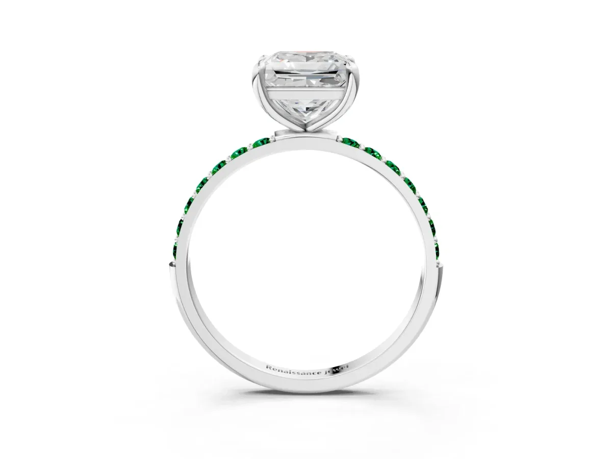 Princess Cut Diamond Solitaire Ring with Round Emerald Pavé Band and Prong Setting Platinum