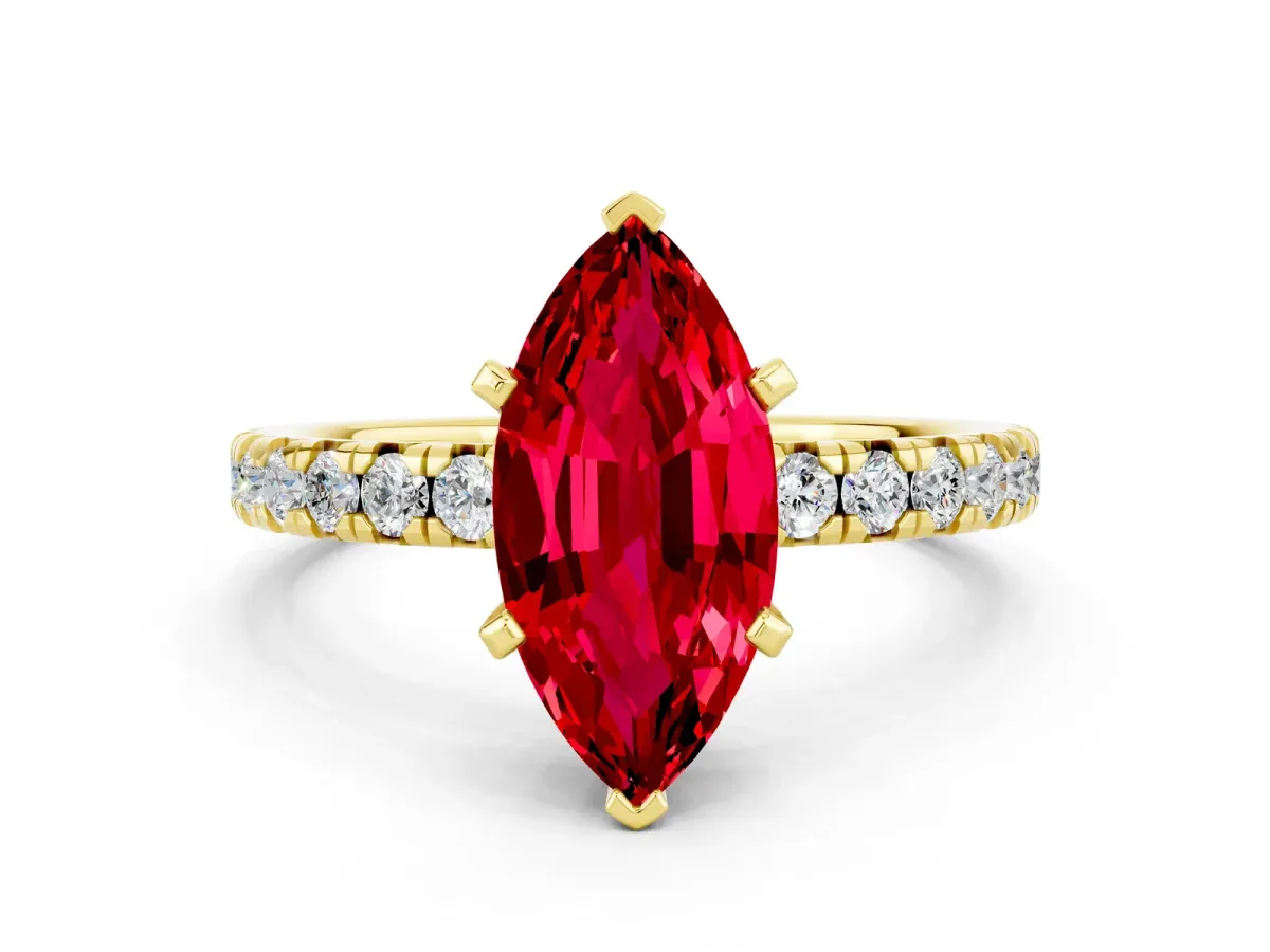 Marquise Cut Ruby Solitaire Pavé Engagement Ring with Round Band and Prong Setting Yellow gold