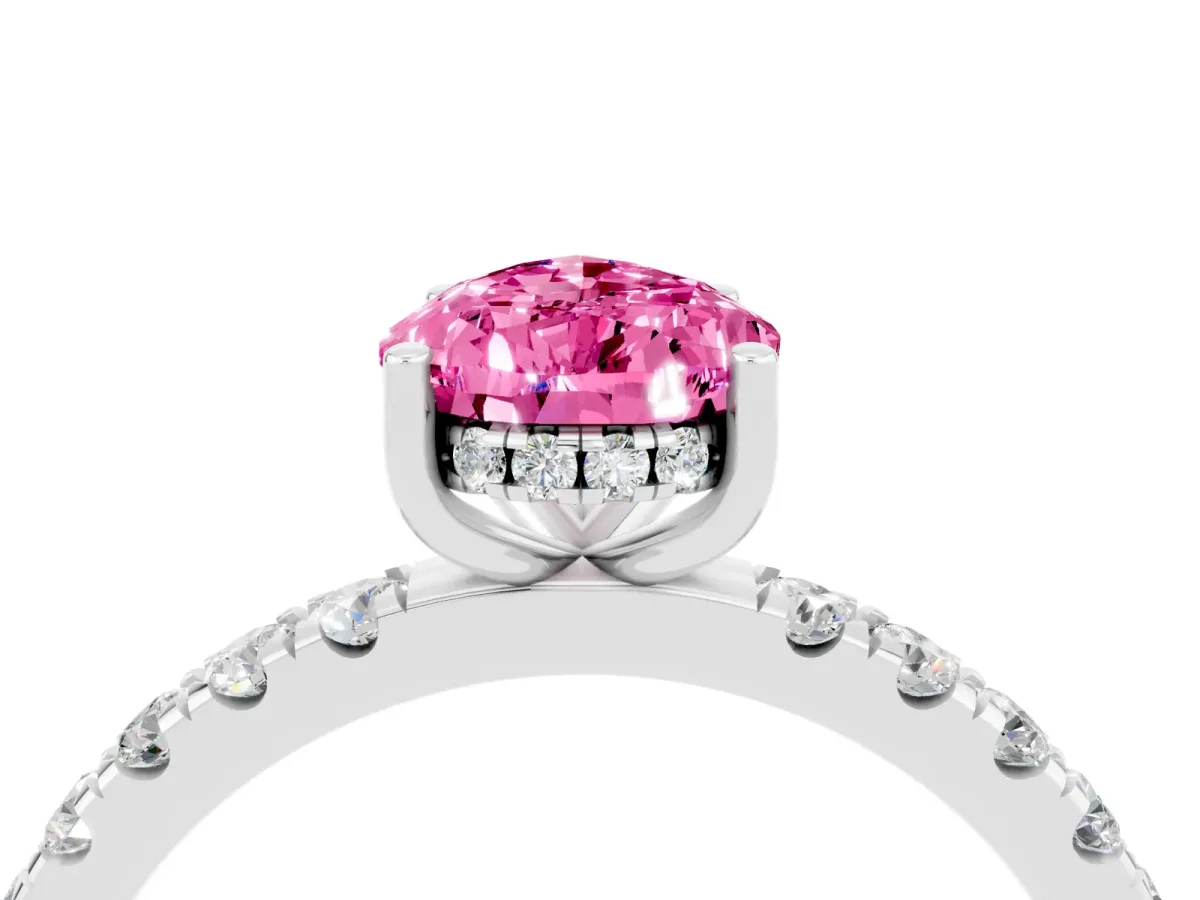 Pear Cut Pink Sapphire Pave Band Solitaire Ring with Round and Prong Setting Silver