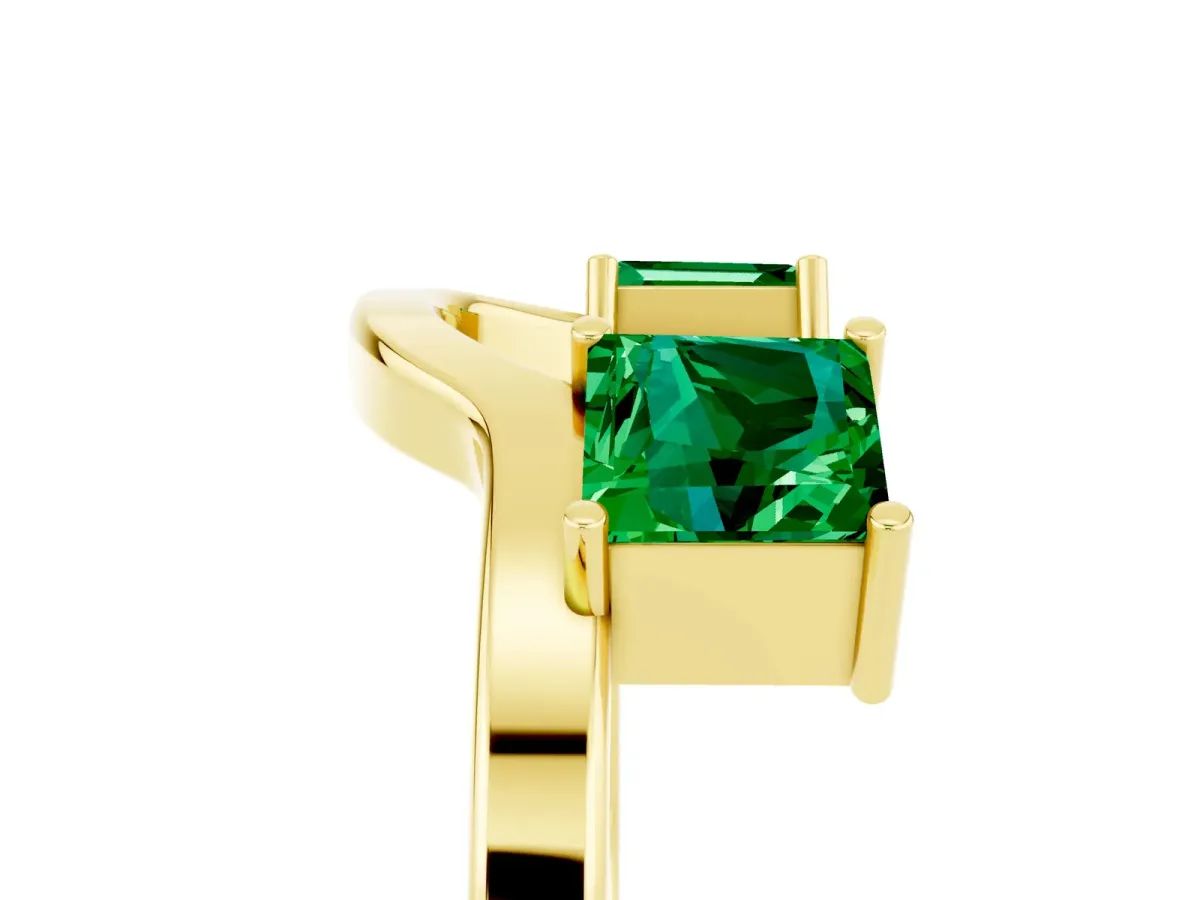 Princess Cut Emerald Two-Stone Open Band Ring with Four-Prong Setting Yellow gold