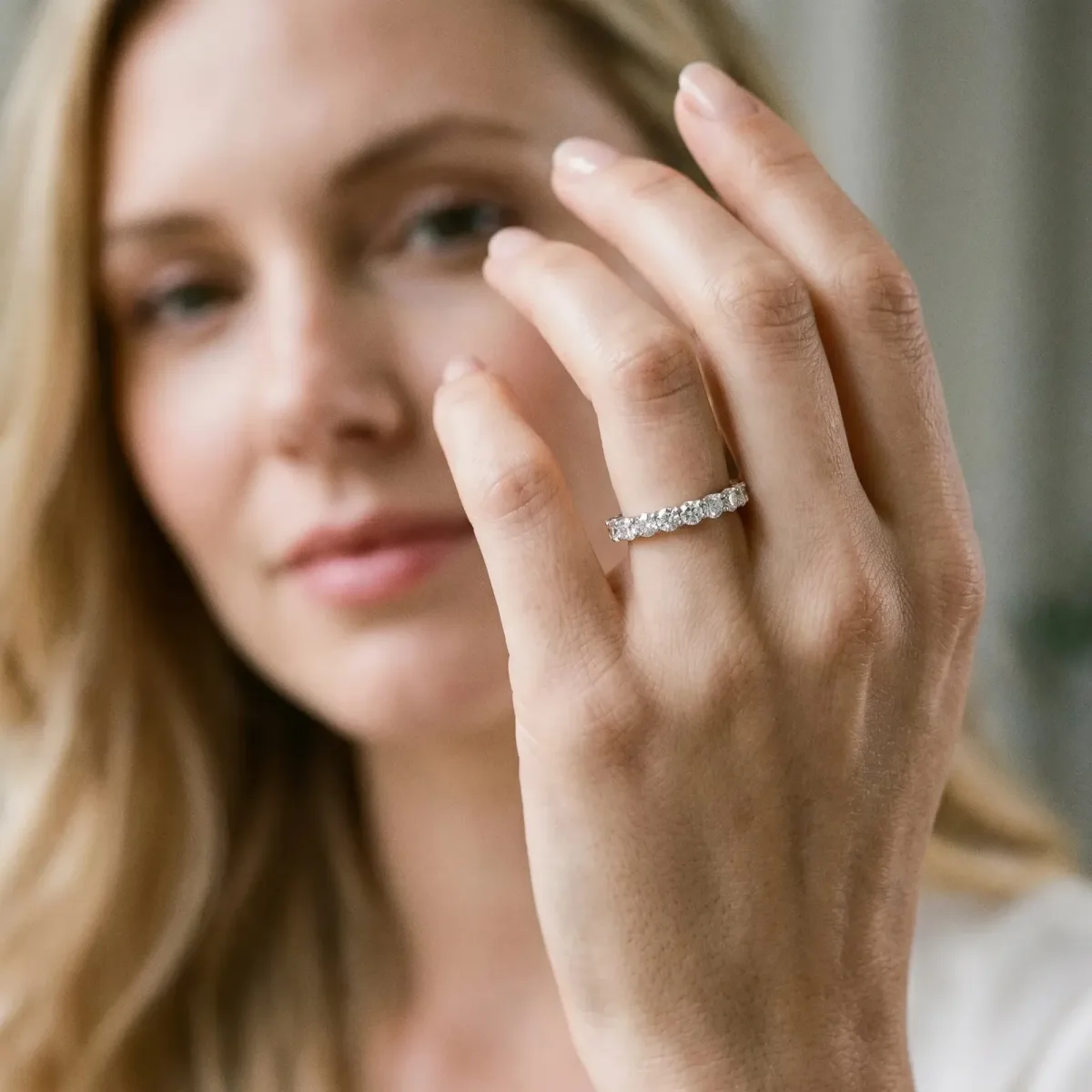 Round Diamond Eternity Band with Pavé Setting and Shared Prong Silver