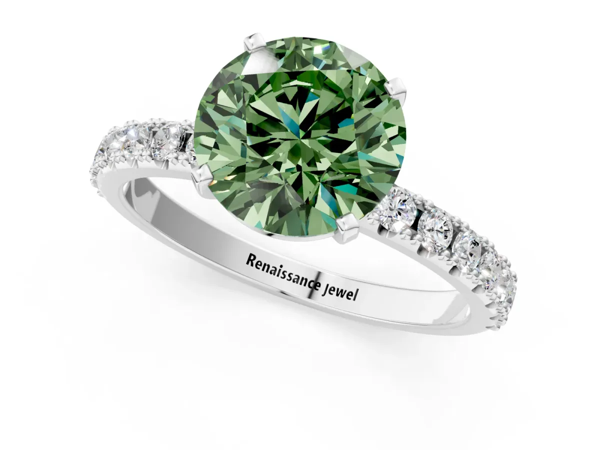 Fancy Green Round Cut Diamond Solitaire Pavé Band with Four-Prong Setting Silver
