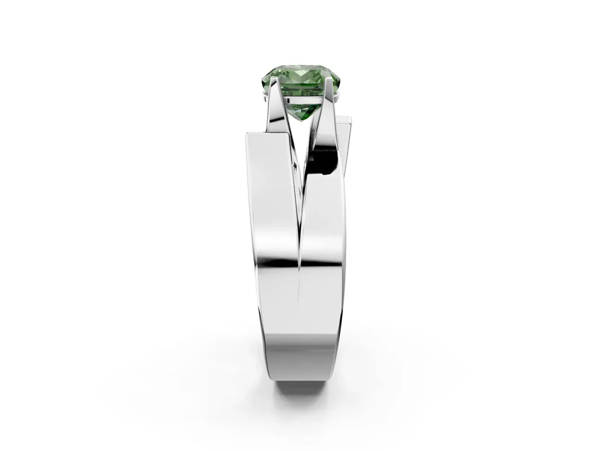 Fancy Green Modern Tension Set Cushion Cut Diamond Solitaire Wide Band Ring Silver