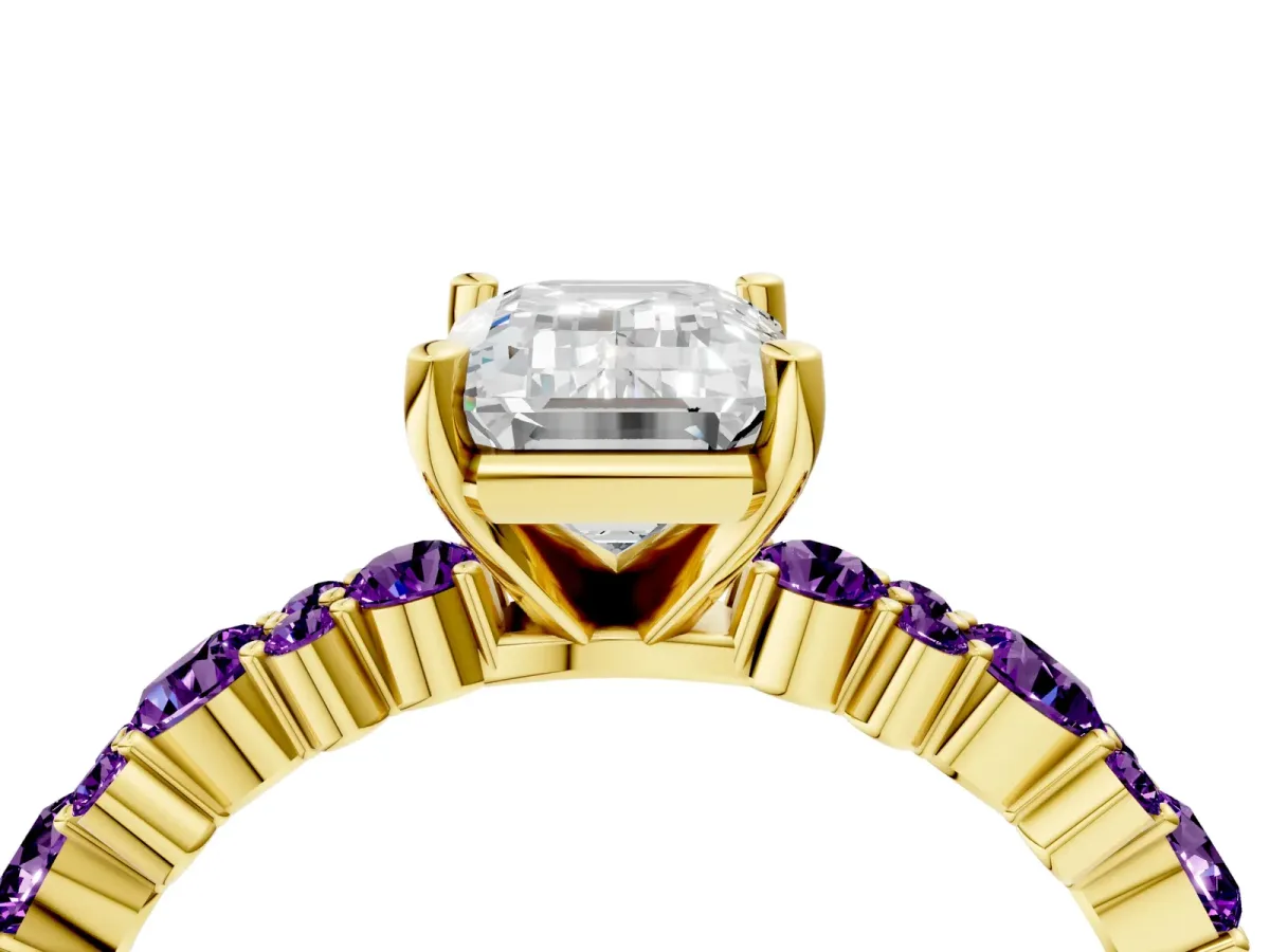 Emerald Cut Diamond Side Stone Solitaire Ring with Round Amethyst and Four-Prong Setting Yellow gold