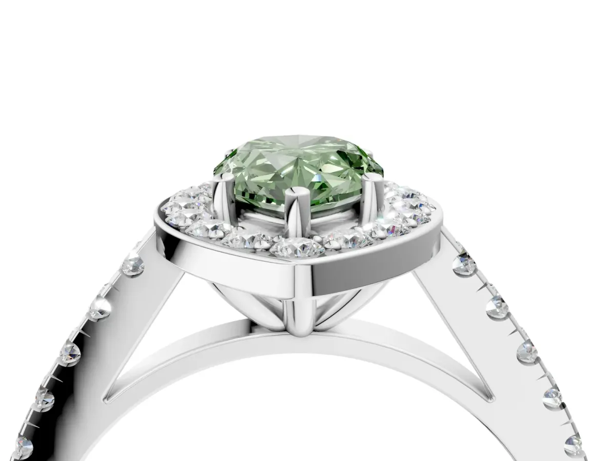 Fancy Green Pear Cut Diamond Halo Ring with Round Pavé Split Shank and Prong Setting Platinum