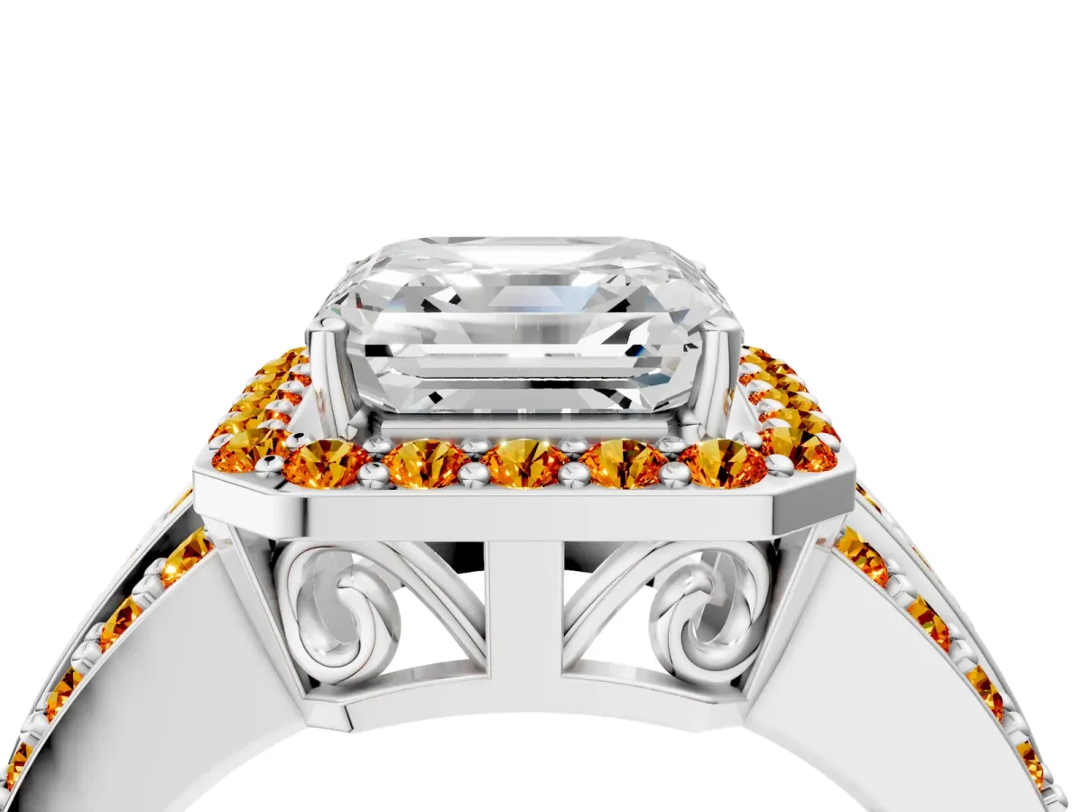 Asscher Cut Halo Diamond Ring with Round Citrine Split Shank and Prong Setting Silver