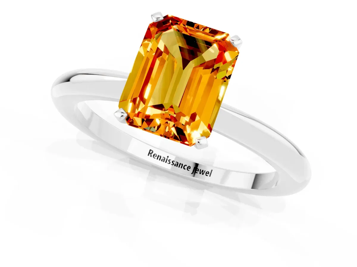 Emerald Cut Citrine Solitaire Ring with Six-Prong Setting and Classic Band Silver