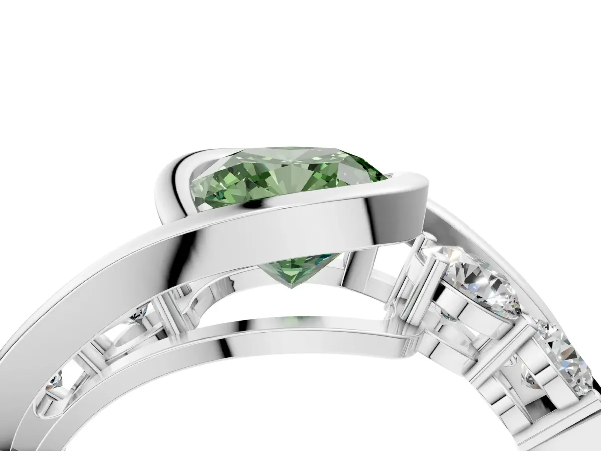 Fancy Green Bezel Set Cushion Cut Diamond Bypass Ring with Round Accents Platinum