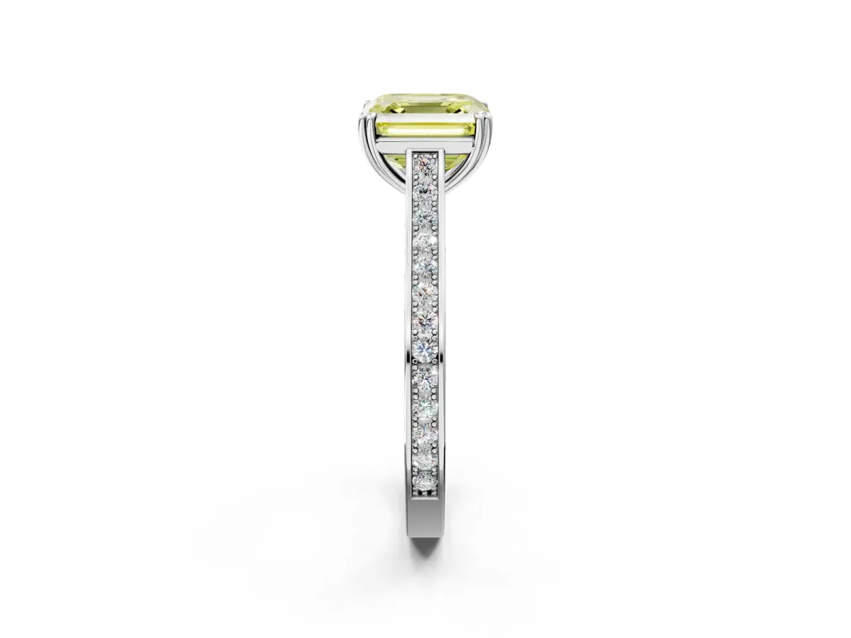 Fancy Yellow Asscher Cut Diamond Solitaire with Pave Band and Six-Prong Setting Platinum