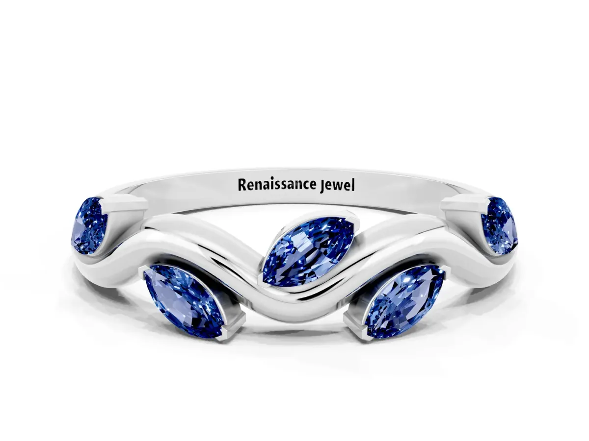Marquise Blue Sapphire Twisted Band with Prong Setting Silver