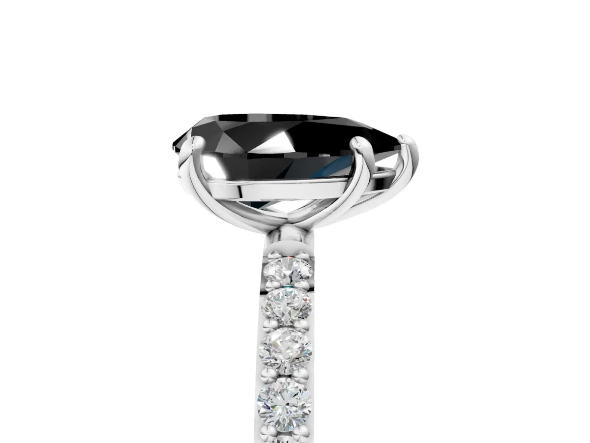 Fancy Black Pear Cut Diamond Solitaire Ring with Round Pavé Band and Prong Setting Silver