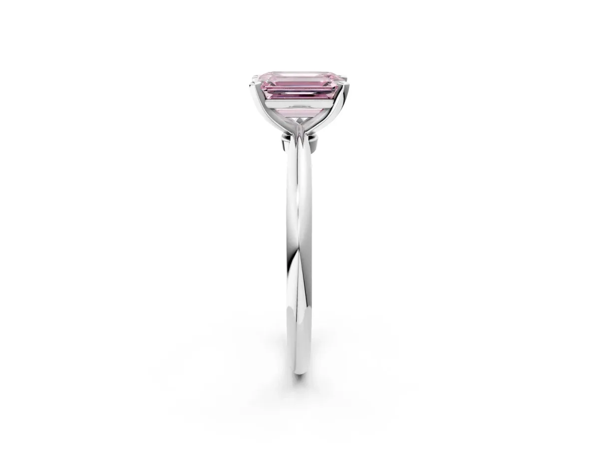 Fancy Pink Emerald Cut Diamond Solitaire Ring with Six-Prong Setting and Classic Band Platinum