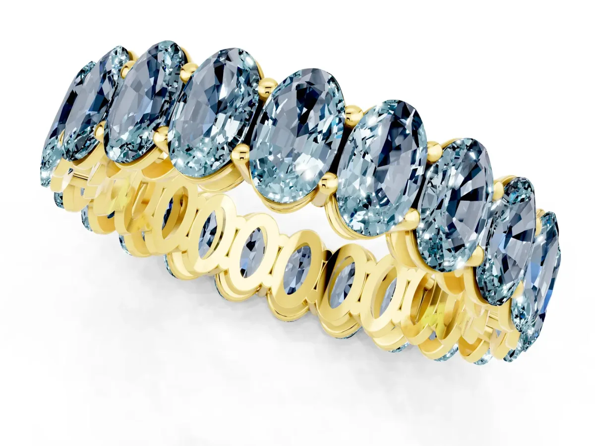 Oval Cut Aquamarine Eternity Band with Shared Prong Setting Yellow gold