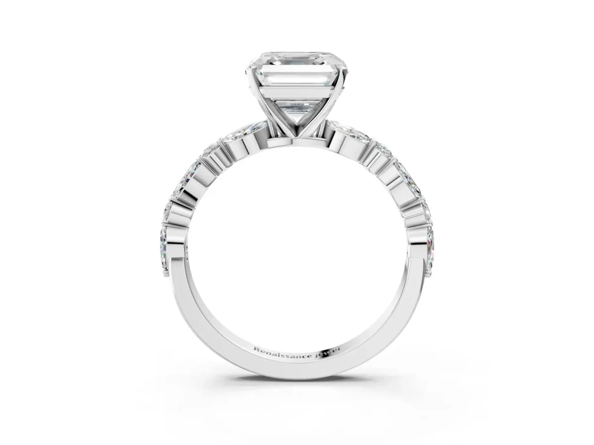 Asscher Cut Diamond Ring with Marquise and Round Side Stones and Four-Prong Setting Silver