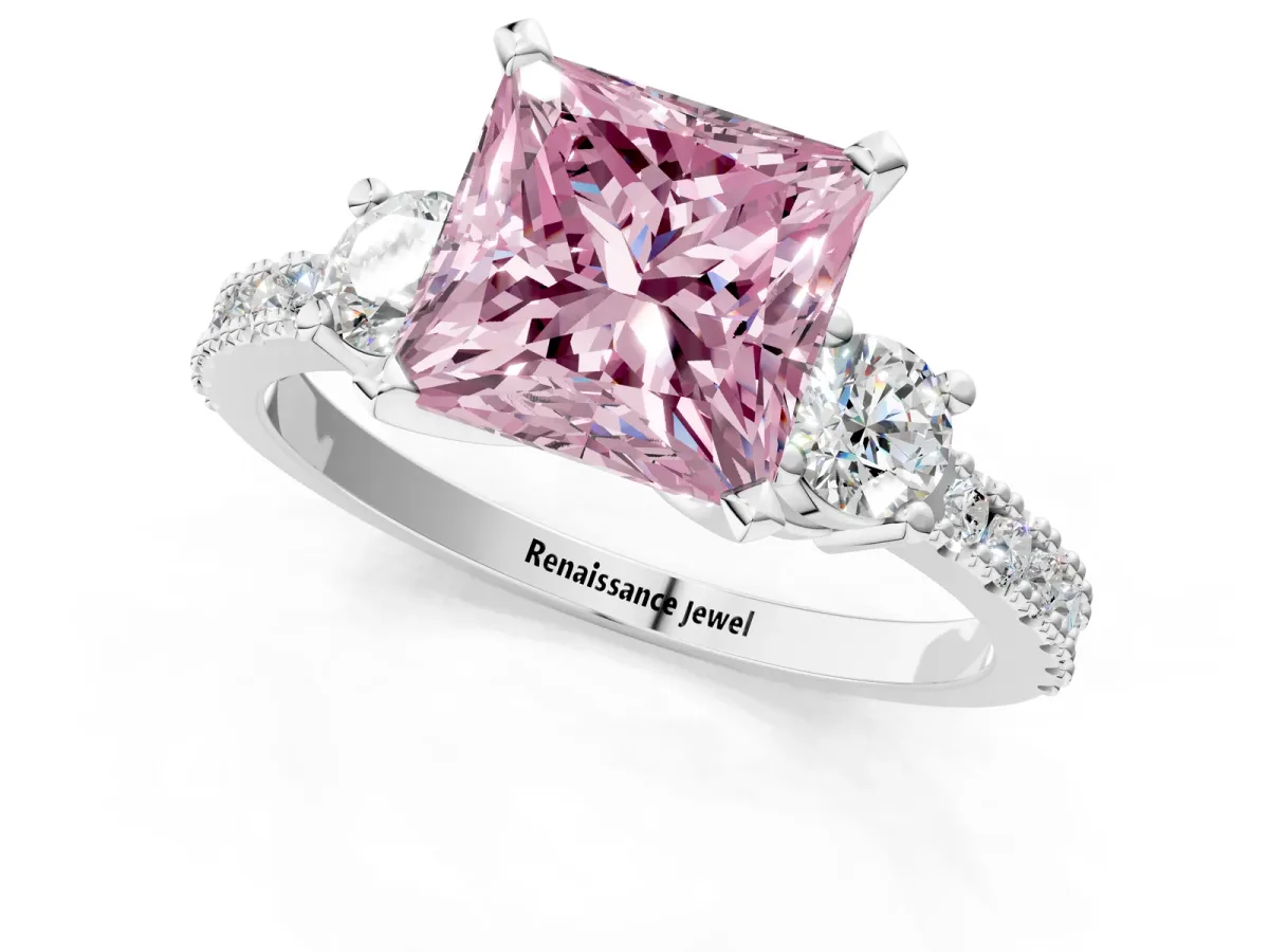 Fancy Pink Princess Cut Cut Three-Stone Diamond Pavé Band with Prong Setting Platinum