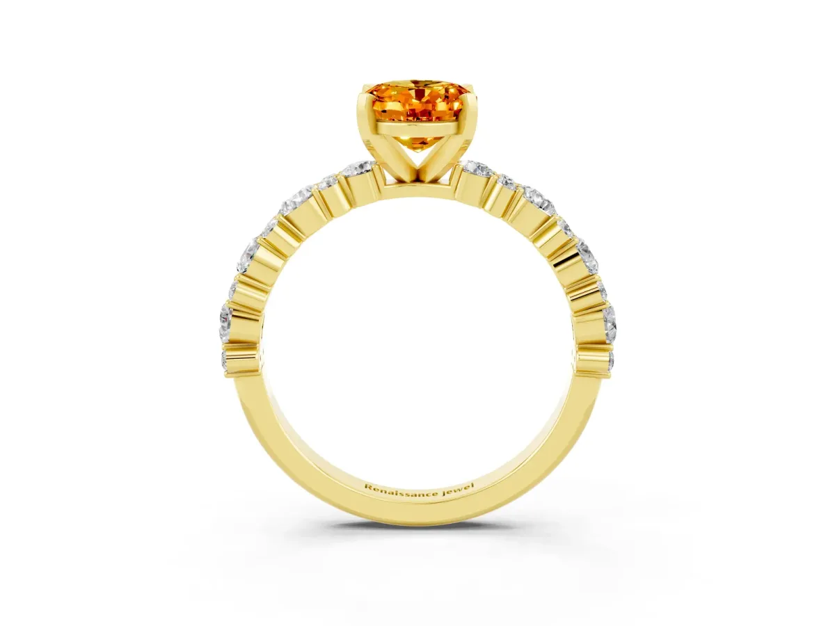 Oval Cut Citrine Side Stone Solitaire Ring with Round and Four-Prong Setting Yellow gold