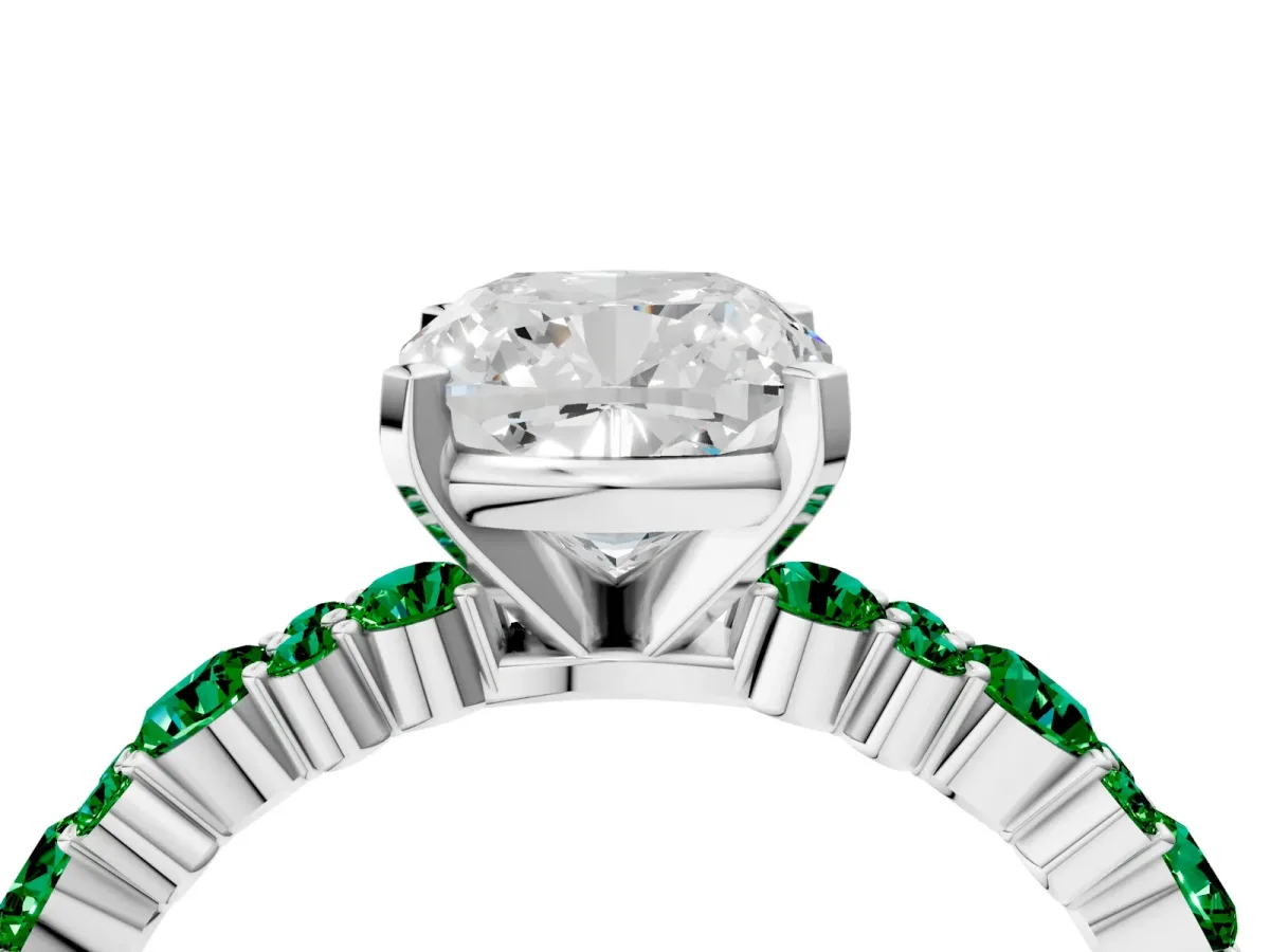 Cushion Cut Diamond Side Stone Solitaire Ring with Round Emerald and Four-Prong Setting White gold