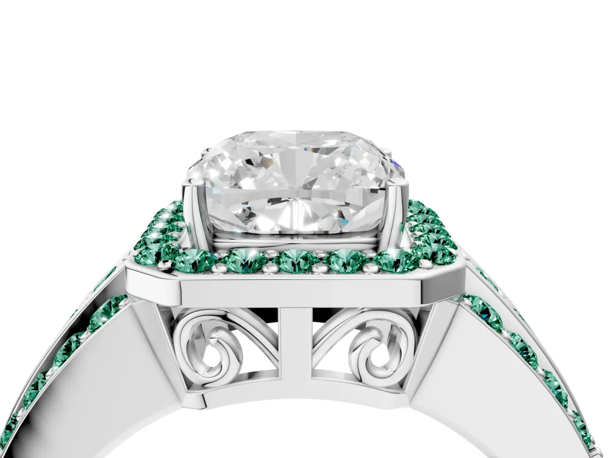 Cushion Cut Halo Diamond Ring with Round Green Sapphire Split Shank and Prong Setting Silver