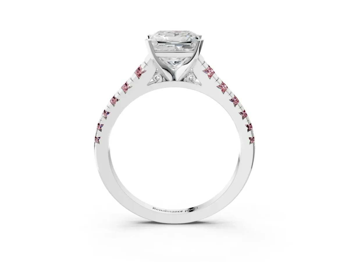 Princess Cut Diamond Cathedral Solitaire Ring with Round Morganite Pavé Band Silver