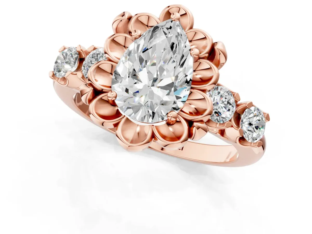 Pear Cut Cut Diamond Floral Halo Engagement Ring with Shared Prong Setting Rose gold