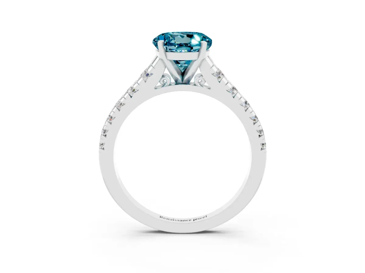 Round Cut Blue Topaz Cathedral Solitaire Ring with Round Pavé Band Silver