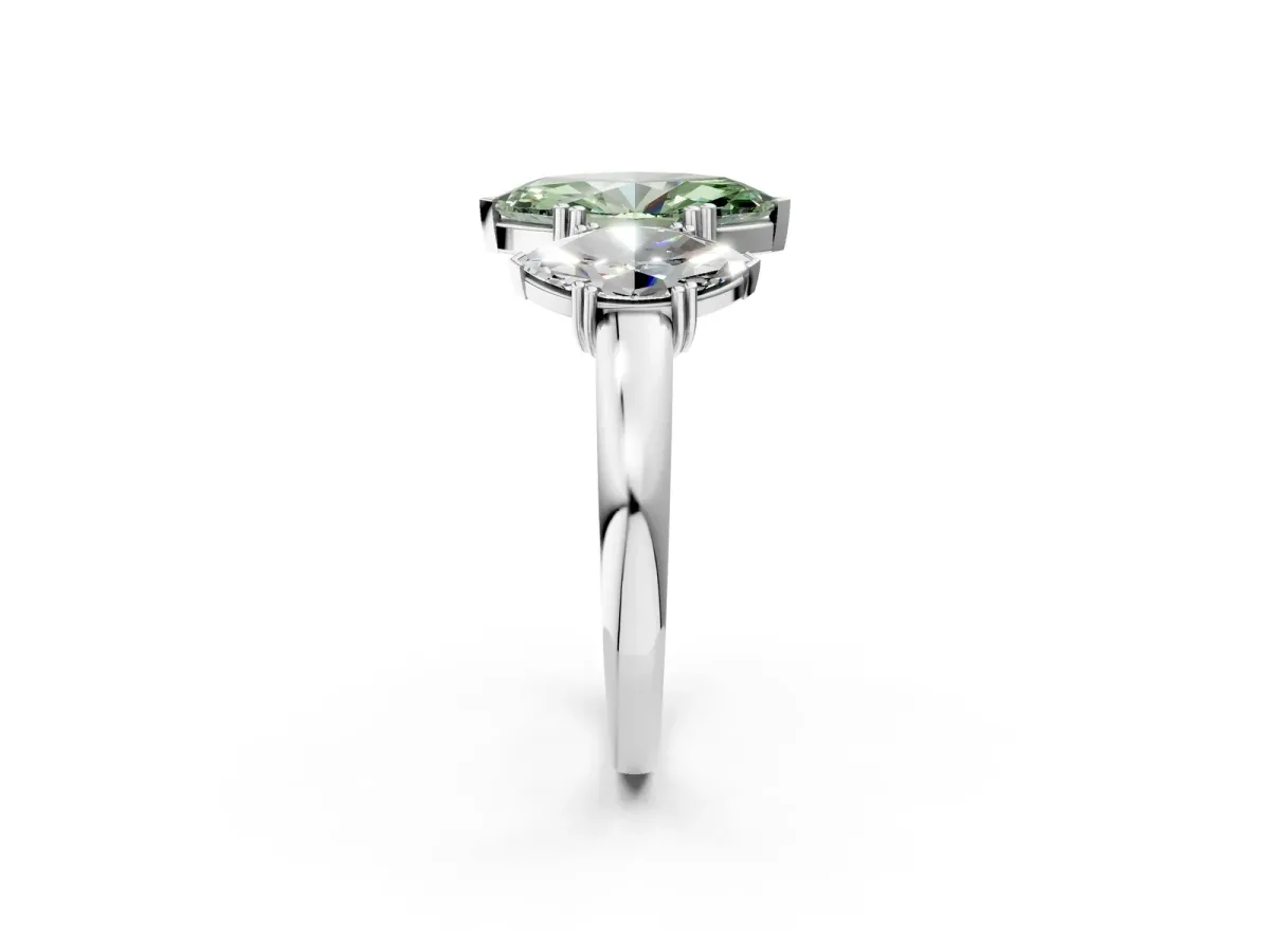 Fancy Green Three-Stone Marquise Cut Cut Diamond Ring with Channel Set Band and Four-Prong Setting Silver
