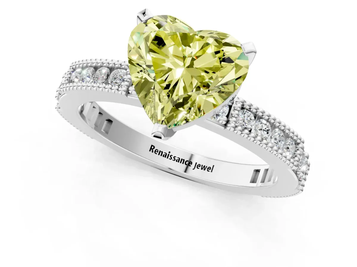 Fancy Yellow Heart Cut Solitaire with Pavé Band and Four-Prong Setting Silver