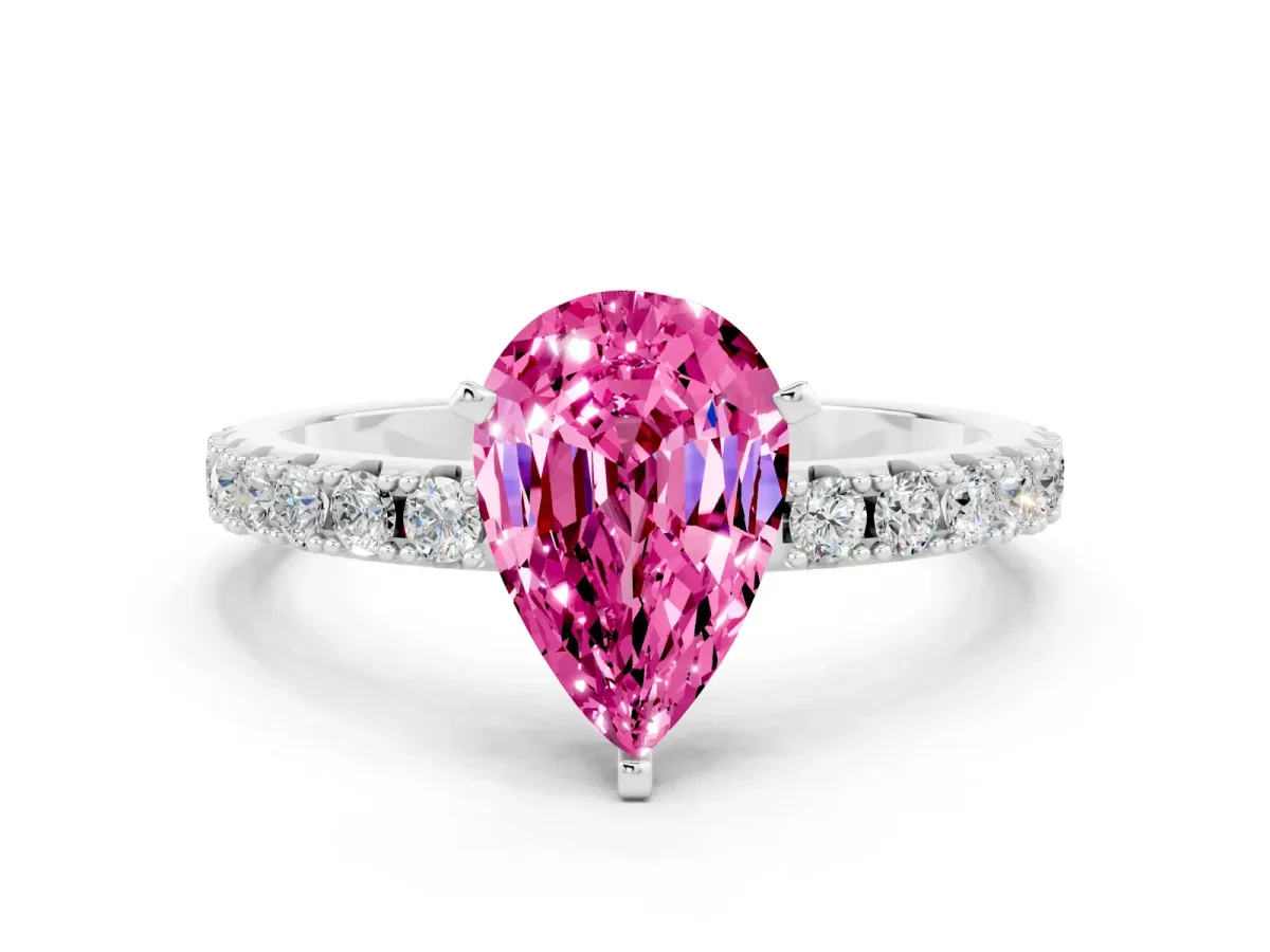 Pear Cut Pink Sapphire Solitaire Pavé Band with Four-Prong Setting Silver