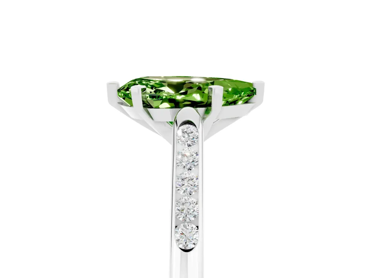 Pear Cut Peridot Solitaire Ring with Channel Set Round Band and Prong Setting Silver