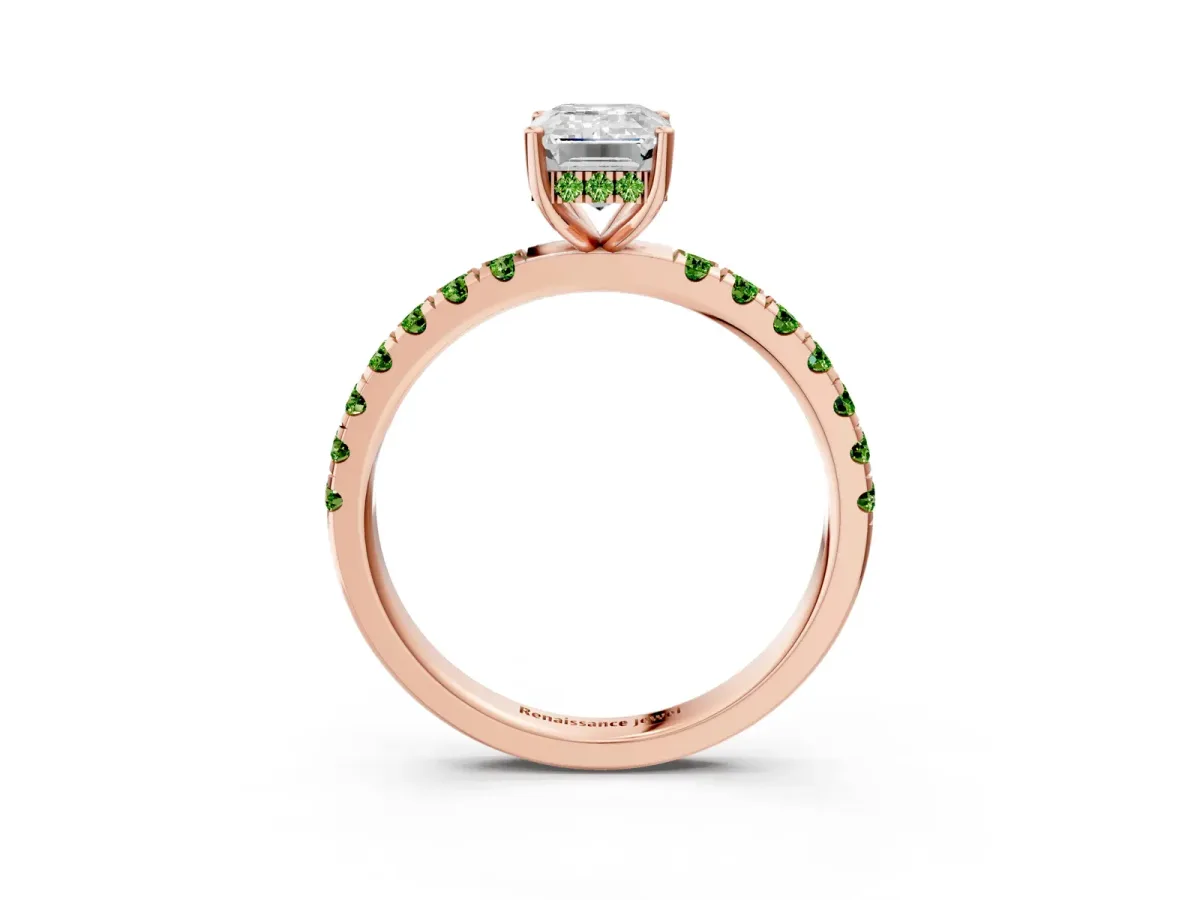 Emerald Cut Diamond Pave Band Solitaire Ring with Round Peridot and Prong Setting Rose gold