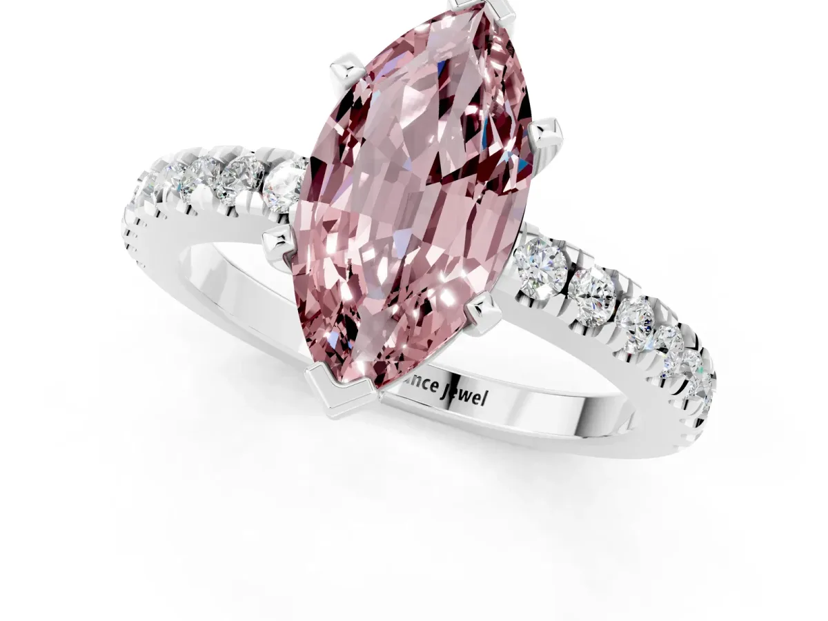 Marquise Cut Solitaire Morganite with Pavé Band and Four-Prong Setting Silver