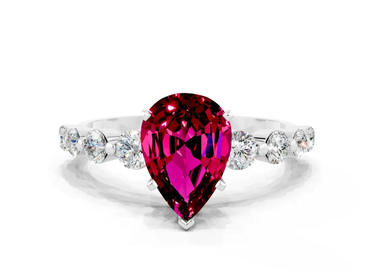 Pear Cut Solitaire Garnet Ring with Pave Band and Four-Prong Setting Platinum