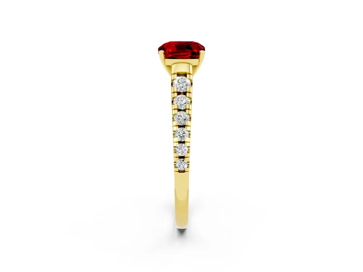 Cushion Cut Ruby Cathedral Solitaire Ring with Round Pavé Band Yellow gold