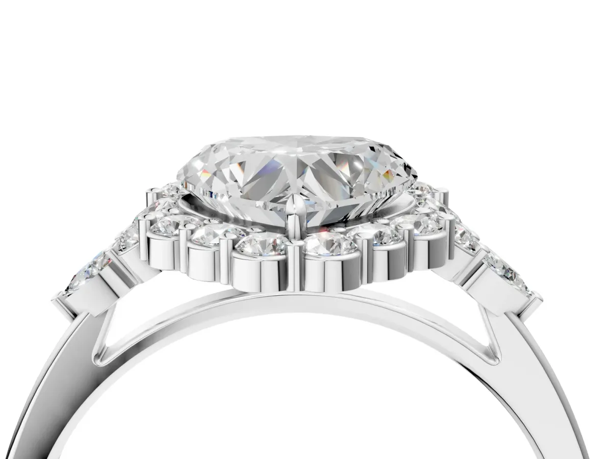 Heart Cut Diamond Halo Ring with Pear Side Stones and Prong Setting Silver