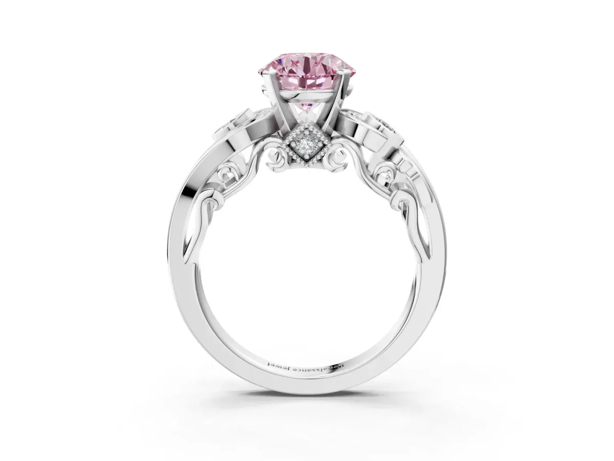 Fancy Pink Round Cut Diamond Solitaire Ring with Milgrain Pavé Band and Four-Prong Setting Silver
