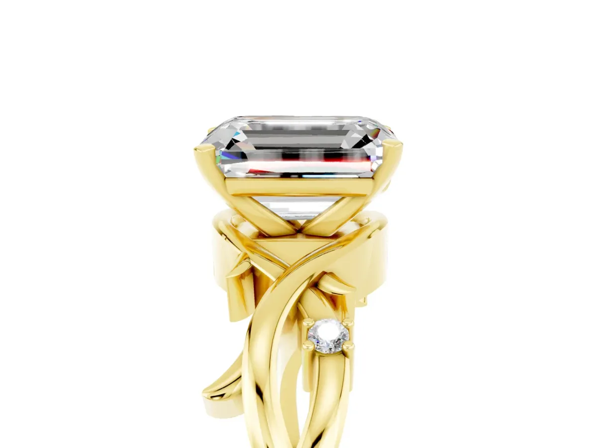 Emerald Cut Moissanite Solitaire Ring with Twisted Band and Prong Setting Yellow gold
