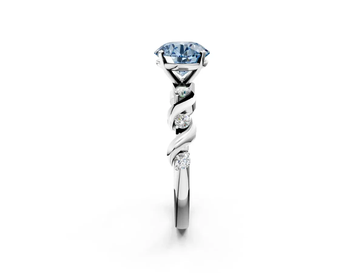 Fancy Blue Round Cut Diamond Solitaire Twisted Band with Round Accents and Prong Setting Silver