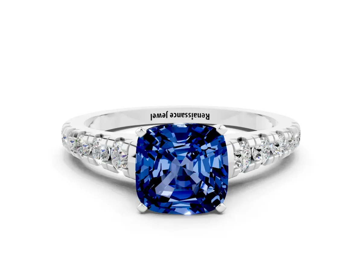 Cushion Cut Blue Sapphire Cathedral Solitaire Ring with Round Pavé Band Silver