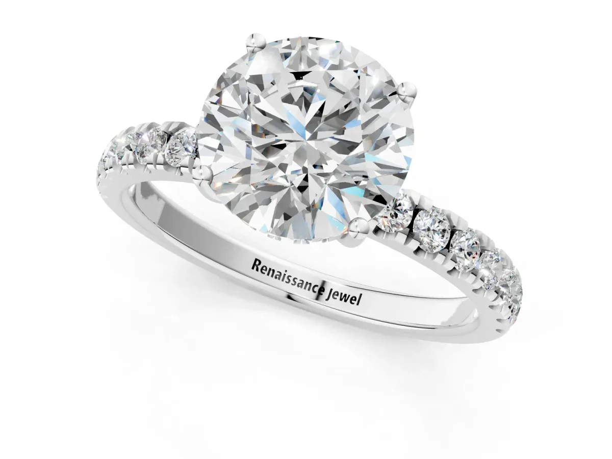 Round Cut Diamond Pave Band Solitaire Ring with Round and Prong Setting Platinum