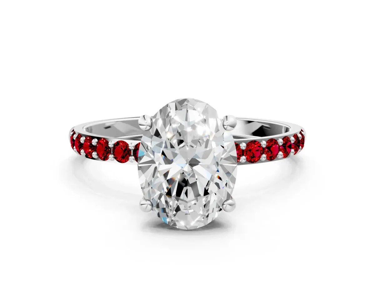 Oval Cut Diamond Solitaire Ring with Round Ruby Pavé Band and Prong Setting Platinum