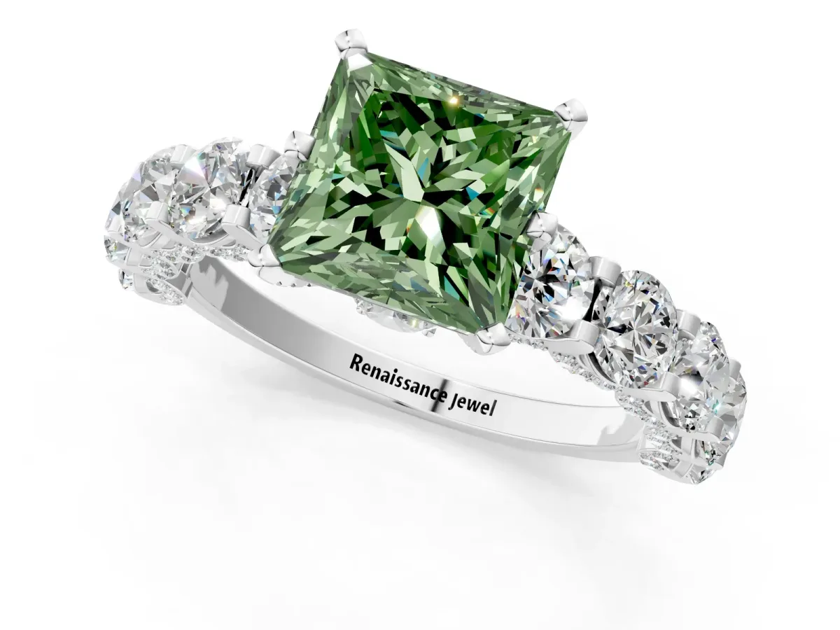 Fancy Green Princess Cut Diamond Side Stone Engagement Ring with Four-Prong Setting White gold