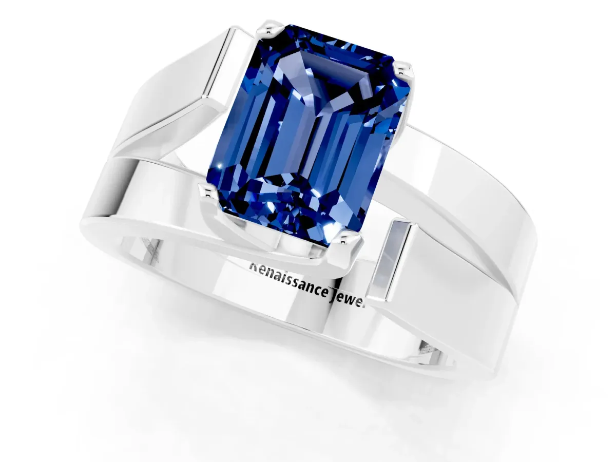 Modern Tension Set Emerald Cut Blue Sapphire Solitaire Wide Band Ring Silver