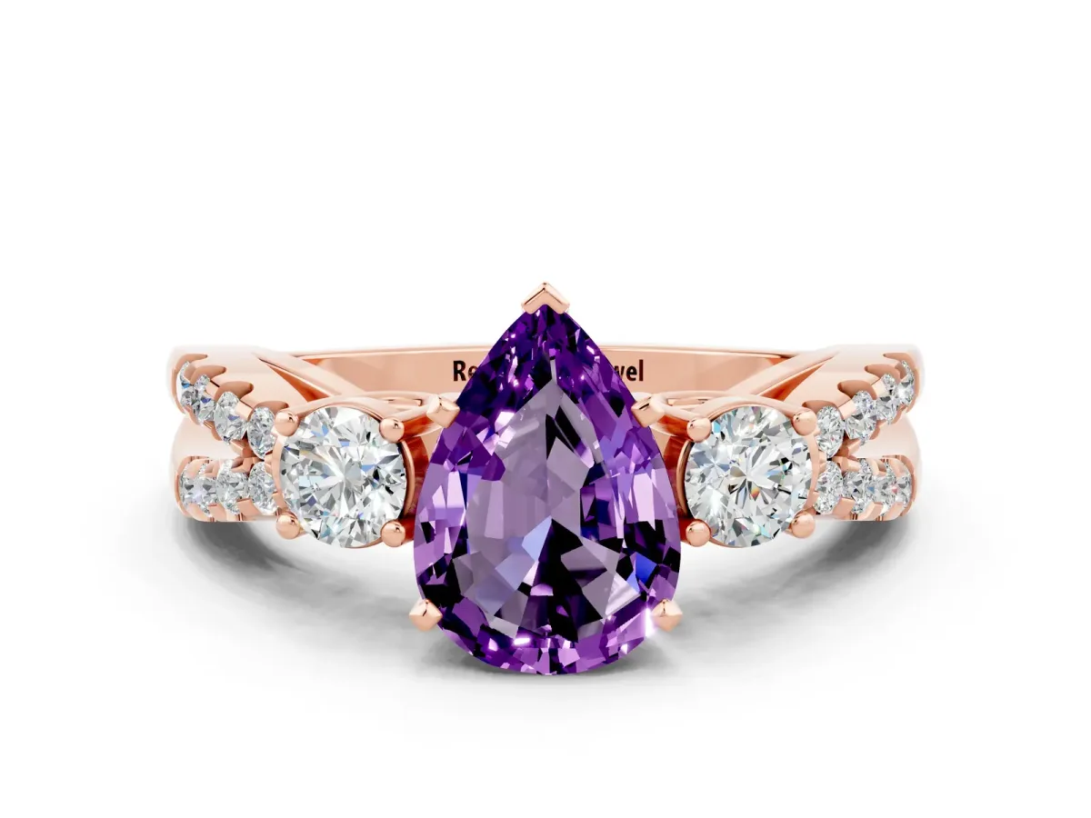 Pear Cut Amethyst Three-Stone Ring with Pavé Split Shank and Four-Prong Setting Rose gold