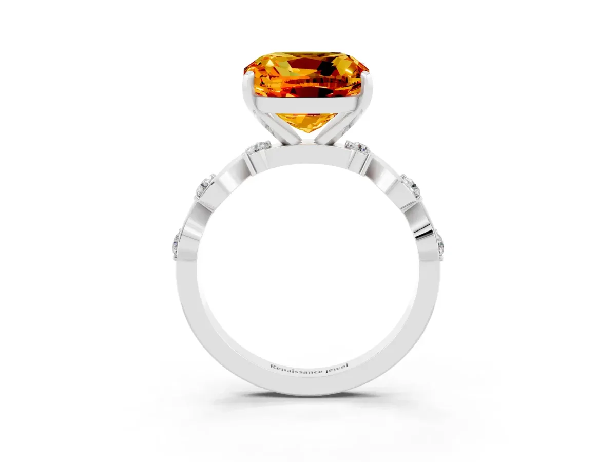 Cushion Cut Citrine Solitaire Twisted Band with Round Accents and Prong Setting Silver