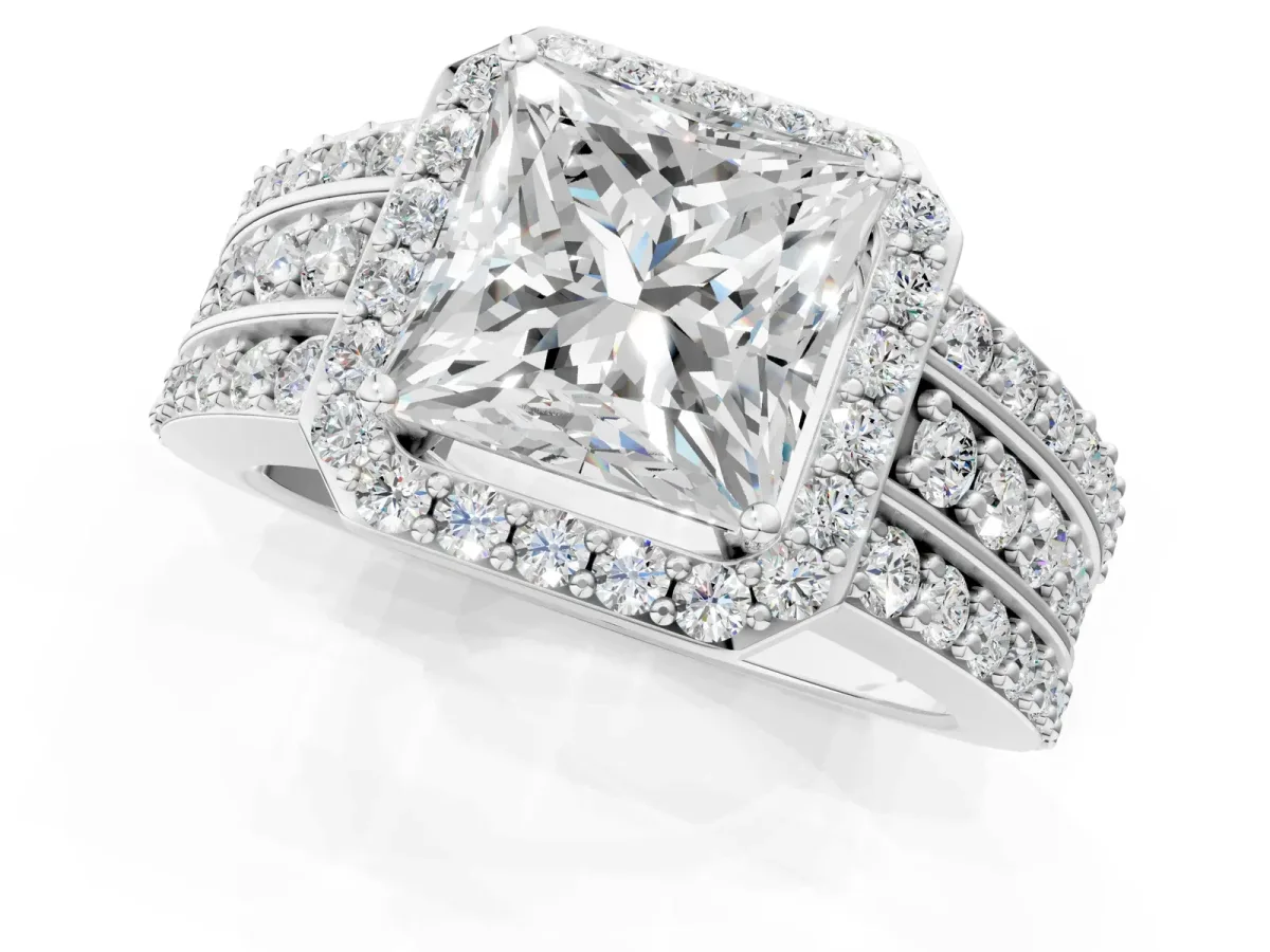 Princess Cut Halo Diamond Ring with Round Moissanite Split Shank and Prong Setting Silver