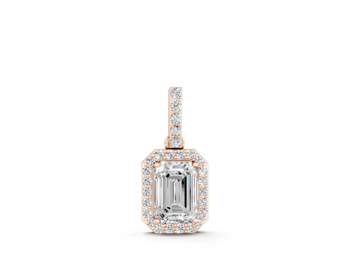 Emerald Cut Halo Diamond Pendant with Prong Setting Rose gold