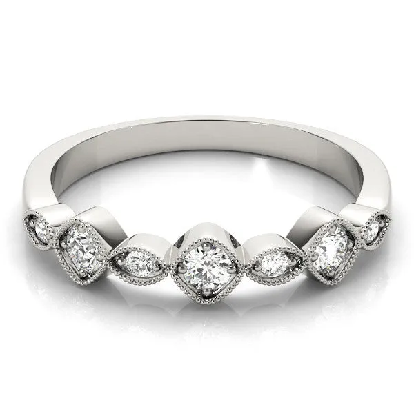 Milgrain Bezel Set Round and Marquise Diamond Half Eternity Band Silver